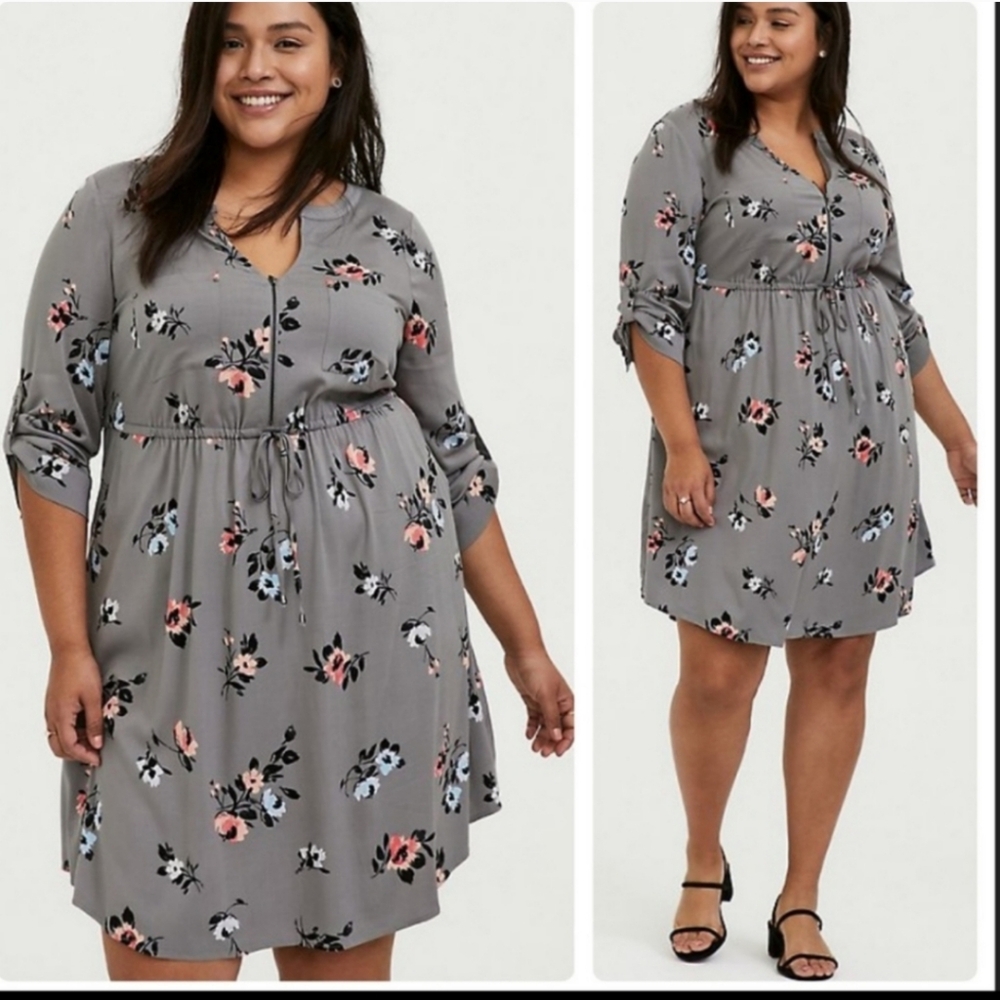 Torrid Gray Floral Challis Shirt Dress Size MEDIUM